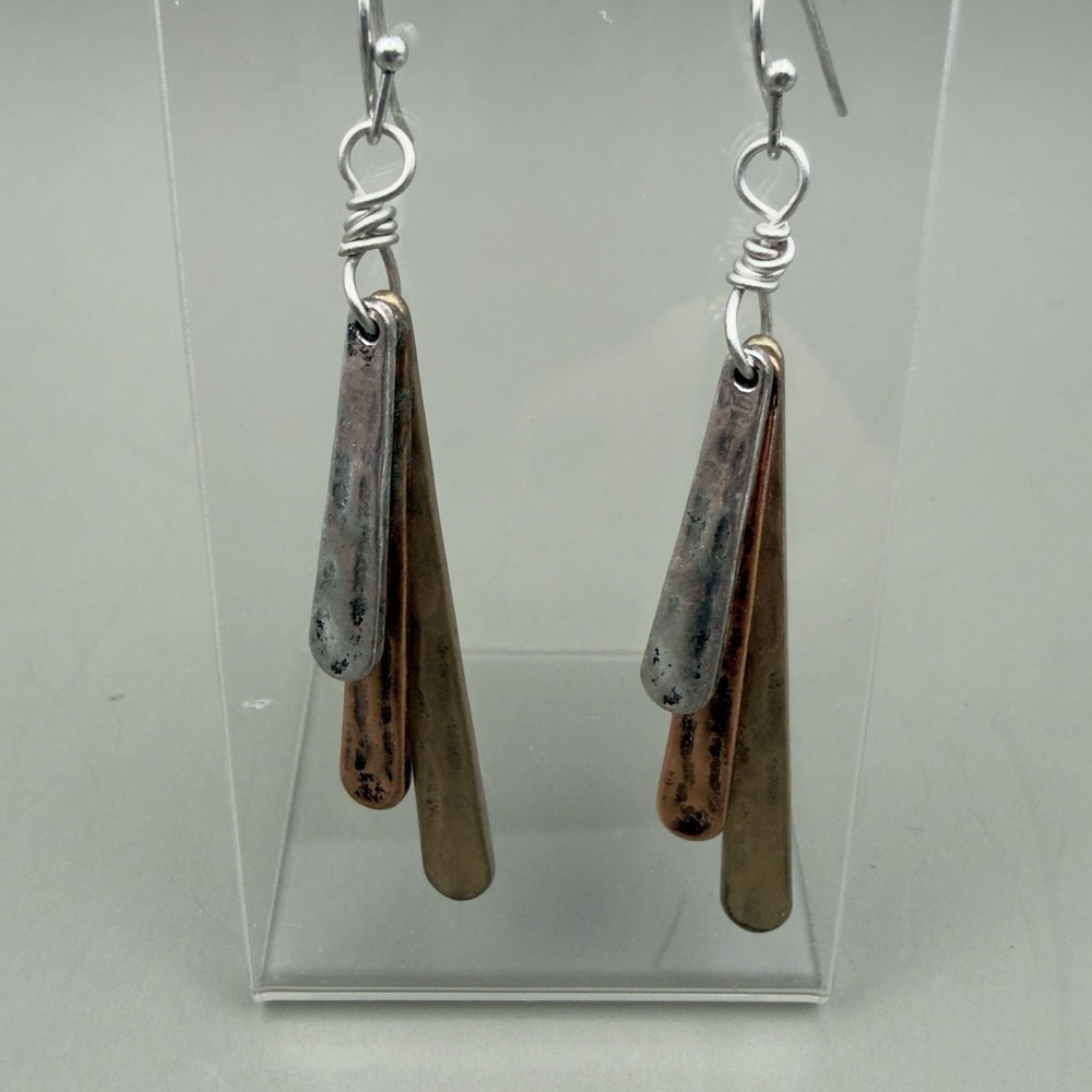 Artisan Mixed Metal Dangle Earrings Hammered Copper Brass Silver Tone Boho - Picture 6 of 7